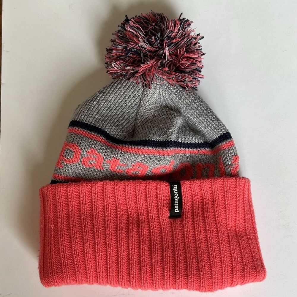 Patagonia Powder Town Beanie Kids OSPink Striped Pom Pom Logo Knit Hat